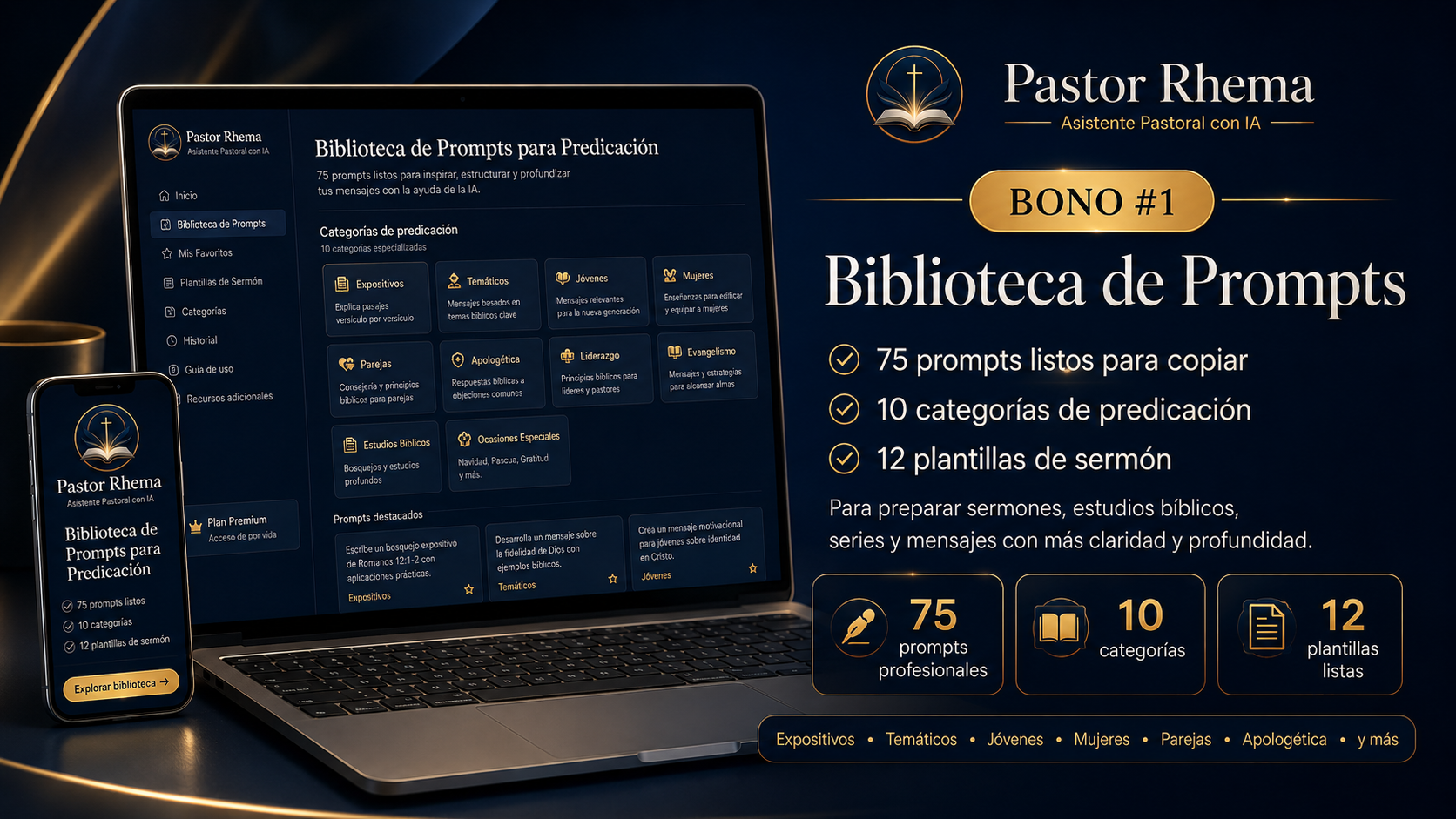 Biblioteca de 75 prompts profesionales organizados en 10 categorías